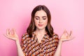 Photo of young adorable hipster lady brown hair closed eyes fingers together chill meditation after hard work days Royalty Free Stock Photo