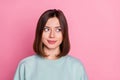 Photo of young adorable woman curious dream idea look empty space isolated over pink color background