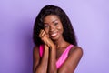 Photo of young african girl happy positive smile hands together grateful pleased isolated over violet color background