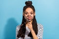 Photo of young afro girl pouted lips send air kiss fooling enlarge zoom isolated over blue color background