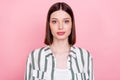 Photo of young attractive business woman serious confident calm manager over pink color background