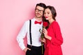 Photo of young attractive couple dream dreamy enjoy love feelings romance rose valentine day isolated over pink color