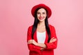 Photo of young attractive girl happy positive smile confident crossed hands isolated over pink color background