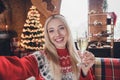 Photo of young attractive girl happy positive smile video call cheers toast alcohol celebration christmas indoors