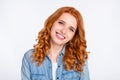 Photo of young attractive girl happy positive toothy smile pretty lovely wavy red hair isolated over grey color