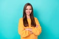 Photo of young attractive pretty nice gorgeous woman wear yellow sweater crossed arms toothy smile positive business Royalty Free Stock Photo