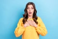 Photo of young attractive shocked scared funny woman touch chest wear yellow sweater forgot deadline manager isolated on