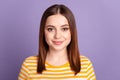 Photo of young attractive woman good mood wear casual outfit smart isolated over violet color background