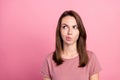 Photo of young attractive woman think hmm deep idea look empty space isolated over pink color background Royalty Free Stock Photo