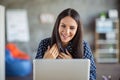 Photo of young beautiful smiling happy positive good mood businesswoman boss has online meeting at office workplace