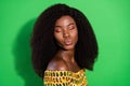 Photo of young beautiful stunning gorgeous afro woman pout lips kiss dreaming on green color background