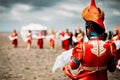 Photo of young beautiful women wearing in traditional national mongolian kalmykian dresses in the festival. Royalty Free Stock Photo