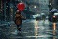 Little Boy Walking in the Rain With a Red Balloon. Generative AI. Royalty Free Stock Photo