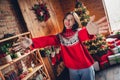 Photo of young brown hair positive pretty woman wear red ornament ugly sweater hands want hug you fir tree behind
