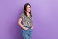 Photo of young candid pretty woman wear vintage zebra print shirt hand pockets jeans office manager isolated on violet Royalty Free Stock Photo