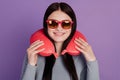 Photo of young cheerful girl eyewear neck pillow trip holiday flight isolated over purple color background