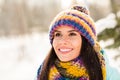 Photo of young cheerful woman happy positive smile dream look empty space walk park nature winter snowy Royalty Free Stock Photo