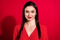 Photo of young classy lady wear red dress isolated on vivid color background