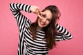 Photo of young european positive smiling winsome happy attractive brunette woman with sincere emotions wearing casual Royalty Free Stock Photo