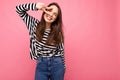 Photo of young european positive smiling winsome happy beautiful brunette woman with sincere emotions wearing casual Royalty Free Stock Photo