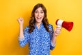 Photo of young excited funny curly hair office manager woman excited fist up celebrate hold bullhorn win protest Royalty Free Stock Photo