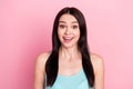 Photo of young excited girl happy positive smile amazed shocked information isolated over pastel color background