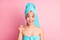 Photo of young excited happy positive girl hold toothbrush hygiene oral care  over pink color background Royalty Free Stock Photo