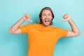 Photo of young funny handsome attractive student guy wear orange t-shirt positive fingers directing himself egocentric