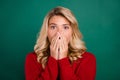 Photo of young girl close lips amazed shocked surprised afraid scared over green color background