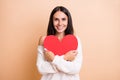 Photo Of Young Girl Happy Positive Smile Hug Big Red Heart Cozy Love Feelings Isolated Over Beige Color Background