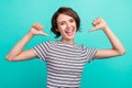 Photo of young girl happy positive smile point finger herself choice proud winner isolated over teal color background