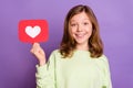 Photo of young girl happy positive smile show reaction icon like repost click heart isolated over violet color