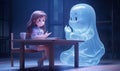 Photo of a young girl sitting at a table with a ghostly figure hovering in front of her