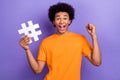 Photo of young guy blogger famous popularity fist up celebrate his success hashtag symbol social media isolated on Royalty Free Stock Photo