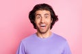 Photo of young handsome arabian man excited amazed shocked gossip news isolated over pink color background