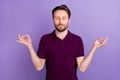 Photo of young handsome man meditate calm dream peace yoga concentrated isolated over violet color background