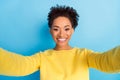Photo of young happy cheerful afro american woman make selfie cool isolated on blue color background