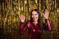 Photo of young happy excited smiling beautiful girl with crown on head celebrate prom on glittered background