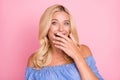 Photo of young happy excited smiling cheerful girl cover close mouth laughing on pink color background