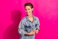 Photo of young happy joyful happy woman smile good mood wear denim casual jacket isolated on pink color background Royalty Free Stock Photo