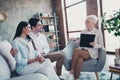 Photo of young idyllic couple appointment psychotherapist loft interior office indoors