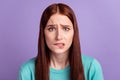 Photo of young lady bite lips teeth worried nervous stressed failure isolated over violet color background