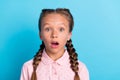 Photo of young little girl amazed shocked surprised stupor fake novelty news isolated over blue color background Royalty Free Stock Photo
