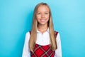 Photo of young little schoolgirl wear formalwear costume toothy smile positive good marks nice mood on blue