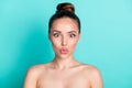 Photo of young lovely charming woman pout lips kiss wear no clothes natural beauty isolated on turquoise color Royalty Free Stock Photo