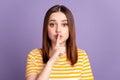 Photo of young lovely girl cover finger lips shh keep secret confidential isolated over violet color background