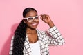 Photo of young lovely girl eyewear ophthalmologist medicine smart expert isolated over pink color background Royalty Free Stock Photo