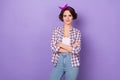 Photo of young lovely lady folded hands housewife fifties wear modern outfit isolated over violet color background