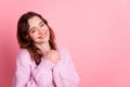 Photo of young lovely woman cheerful hands together admire sensual isolated over pink color background