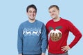 Portrait of young men in warm clothing standing against blue background Royalty Free Stock Photo